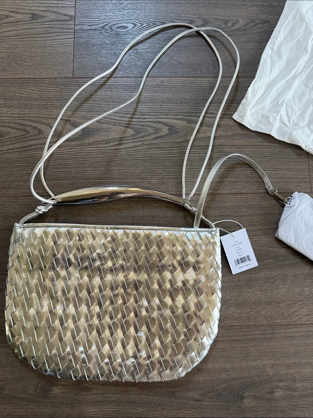 Walter Baker Leather Weaved Hazel Hobo Bag Silver Indsutrial Handle Metallic NEW